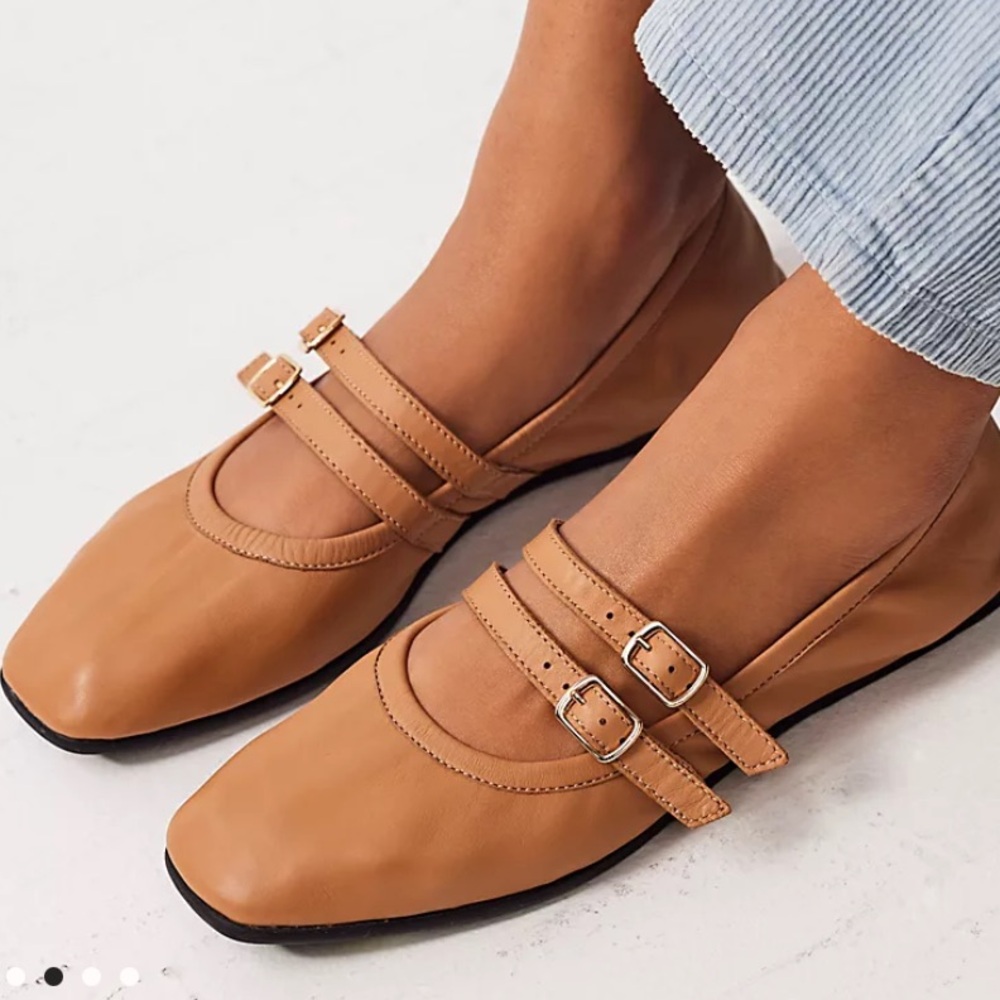 Free People Gemini Double Strap Leather Ballet Flats size 7.5 in Vachetta
